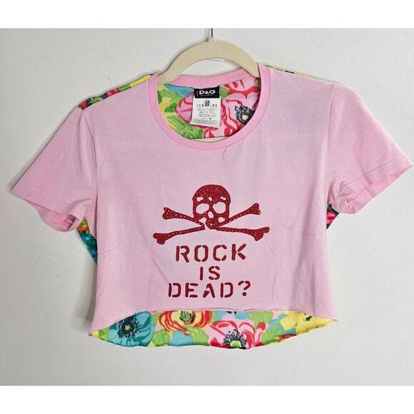 Dolce & Gabbana Pink & Red Rhinestone Skull Graphic Rock Is Dead Crop 28 / 42 - Picture 1 of 6